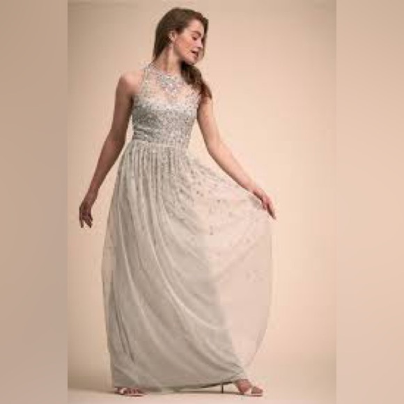 BHLDN Ginny gown Grey Sz 4 Beaded sequin flowered tulle skirt prom wedding event